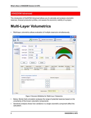 What’s New in KINGDOM Version 8.5 SP2




    KINGDOM Advanced
The introduction of EarthPAK Advanced allows you to calculate and analyze volumetric
reserves, forecast production profiles, and assess the economic viability of a project.



Multi-Layer Volumetrics
•    Multi-layer volumetrics allows evaluation of multiple reservoirs simultaneously.




                      Figure 1 Structure Definition for Multi-Layer Volumetrics

•    Below, Monte Carlo simulation analyzes the range of potential reserves based on the
     uncertainty of the known volumetric components.
•    Sensitivity analysis shows how variations in a single volumetric component affect the
     calculation.



2                                                                                 KINGDOM 8.5 SP2
 