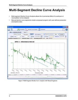 Multi-Segment Decline Curve Analysis



Multi-Segment Decline Curve Analysis
•   Multi-segment Decline Curve Analysis allows the incremental effect of a workover or
    recompletion to be analyzed.
•   Manual decline curve segments model a proposed program with user-defined production
    and decline rates.




               Figure 3 Multi-Segment Decline Curve Analysis with Manual Segments




4                                                                             KINGDOM 8.5 SP2
 