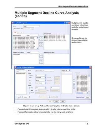 Multi-Segment Decline Curve Analysis



Multiple Segment Decline Curve Analysis
(cont’d)
                                                                             Multiple wells can be
                                                                             combined into group
                                                                             wells for entity-based
                                                                             analysis.



                                                                             Group wells can be
                                                                             defined by available
                                                                             well subsets.




           Figure 4 Create Group Wells and Forecast Templates for Decline Curve Analysis

•   Forecasts can incorporate a combination of rate, volume, and time limits.
•   Forecast Templates allow forecasts to be run for many wells at a time.




KINGDOM 8.5 SP2                                                                                  5
 