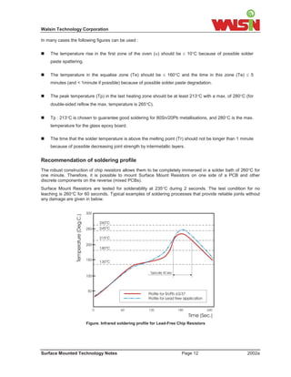 Walsin Technology Corporation

In many cases the following figures can be used :


 The temperature rise in the first zone of the oven () should be  10C because of possible solder
    paste spattering.

 The temperature in the equalise zone (Te) should be  160C and the time in this zone (Te)  5
    minutes (and < 1minute if possible) because of possible solder paste degradation.


 The peak temperature (Tp) in the last heating zone should be at least 213C with a max. of 280C (for
    double-sided reflow the max. temperature is 265C).


 Tp : 213C is chosen to guarantee good soldering for 80Sn/20Pb metallisations, and 280C is the max.
    temperature for the glass epoxy board.

 The time that the solder temperature is above the melting point (Tr) should not be longer than 1 minute
    because of possible decreasing joint strength by intermetallic layers.


Recommendation of soldering profile
The robust construction of chip resistors allows them to be completely immersed in a solder bath of 260C for
one minute. Therefore, it is possible to mount Surface Mount Resistors on one side of a PCB and other
discrete components on the reverse (mixed PCBs).
Surface Mount Resistors are tested for solderability at 235C during 2 seconds. The test condition for no
leaching is 260C for 60 seconds. Typical examples of soldering processes that provide reliable joints without
any damage are given in below.




                        Figure. Infrared soldering profile for Lead-Free Chip Resistors




Surface Mounted Technology Notes                                          Page 12                      2002a
 