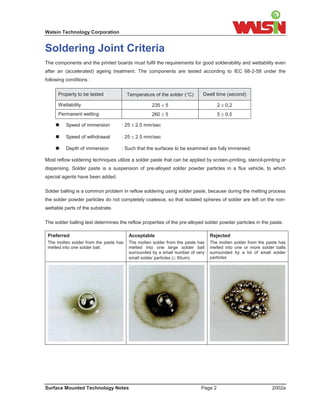 Walsin Technology Corporation


Soldering Joint Criteria
The components and the printed boards must fulfil the requirements for good solderability and wettability even
after an (accelerated) ageing treatment. The components are tested according to IEC 68-2-58 under the
following conditions :

      Property to be tested             Temperature of the solder (C)     Dwell time (second)

      Wettability                                  235  5                         2  0.2
      Permanent wetting                            260  5                         5  0.5

      Speed of immersion          : 25  2.5 mm/sec

      Speed of withdrawal         : 25  2.5 mm/sec

      Depth of immersion          : Such that the surfaces to be examined are fully immersed.

Most reflow soldering techniques utilize a solder paste that can be applied by screen-printing, stencil-printing or
dispensing. Solder paste is a suspension of pre-alloyed solder powder particles in a flux vehicle, to which
special agents have been added.

Solder balling is a common problem in reflow soldering using solder paste, because during the melting process
the solder powder particles do not completely coalesce, so that isolated spheres of solder are left on the non-
wettable parts of the substrate.

The solder balling test determines the reflow properties of the pre-alloyed solder powder particles in the paste.

 Preferred                              Acceptable                             Rejected
 The molten solder from the paste has   The molten solder from the paste has   The molten solder from the paste has
 melted into one solder ball.           melted into one large solder ball      melted into one or more solder balls
                                        surrounded by a small number of very   surrounded by a lot of small solder
                                        small solder particles ( 50um)        particles




Surface Mounted Technology Notes                                          Page 2                            2002a
 