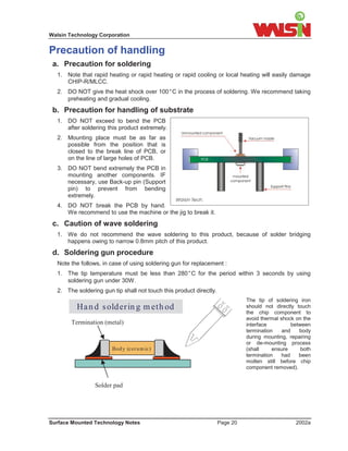 Walsin Technology Corporation


Precaution of handling
 a. Precaution for soldering
  1. Note that rapid heating or rapid heating or rapid cooling or local heating will easily damage
     CHIP-R/MLCC.
  2. DO NOT give the heat shock over 100°C in the process of soldering. We recommend taking
     preheating and gradual cooling.
 b. Precaution for handling of substrate
  1. DO NOT exceed to bend the PCB
     after soldering this product extremely.
  2. Mounting place must be as far as
     possible from the position that is
     closed to the break line of PCB, or
     on the line of large holes of PCB.
  3. DO NOT bend extremely the PCB in
     mounting another components. IF
     necessary, use Back-up pin (Support
     pin) to prevent from bending
     extremely.
  4. DO NOT break the PCB by hand.
     We recommend to use the machine or the jig to break it.
 c. Caution of wave soldering
  1. We do not recommend the wave soldering to this product, because of solder bridging
     happens owing to narrow 0.8mm pitch of this product.
 d. Soldering gun procedure
  Note the follows, in case of using soldering gun for replacement :
  1. The tip temperature must be less than 280°C for the period within 3 seconds by using
     soldering gun under 30W.
  2. The soldering gun tip shall not touch this product directly.
                                                                              The tip of soldering iron
          Ha n d s old er in g m et h od                                      should not directly touch
                                                                              the chip component to
                                                                              avoid thermal shock on the
        Termination (metal)                                                   interface          between
                                                                              termination    and    body
                                                                              during mounting, repairing
                                                                              or de-mounting process
                       Bod y (cera m ic)                                      (shall     ensure      both
                                                                              termination   had     been
                                                                              molten still before chip
                                                                              component removed).


                Solder pad




Surface Mounted Technology Notes                                    Page 20                       2002a
 