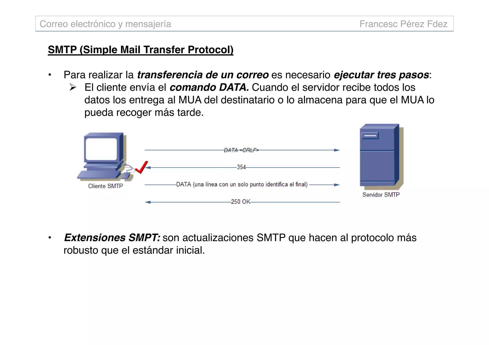 SMTP (Simple Mail Transfer Protocol)
• Para realizar la transferencia de un correo es necesario ejecutar tres pasos:
 El cliente envía el comando DATA. Cuando el servidor recibe todos los
datos los entrega al MUA del destinatario o lo almacena para que el MUA lo
pueda recoger más tarde.
Correo electrónico y mensajería Francesc Pérez Fdez
• Extensiones SMPT: son actualizaciones SMTP que hacen al protocolo más
robusto que el estándar inicial.
 
