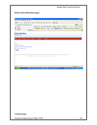 Simple Mail Transfer Protocol
Delete mail confirmation page:
Contacts page:
Narayana Engineering College -NLR 101
 