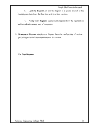 Simple Mail Transfer Protocol
6. Activity diagram, an activity diagram is a special kind of a state
chart diagram that shows the flow from activity within a system.
7. Component diagram, a component diagram shows the organizations
and dependencies among a set of component.
8. Deployment diagram, a deployment diagram shows the configuration of run time
processing nodes and the components that live on them.
Use Case Diagram:
Narayana Engineering College -NLR 31
 