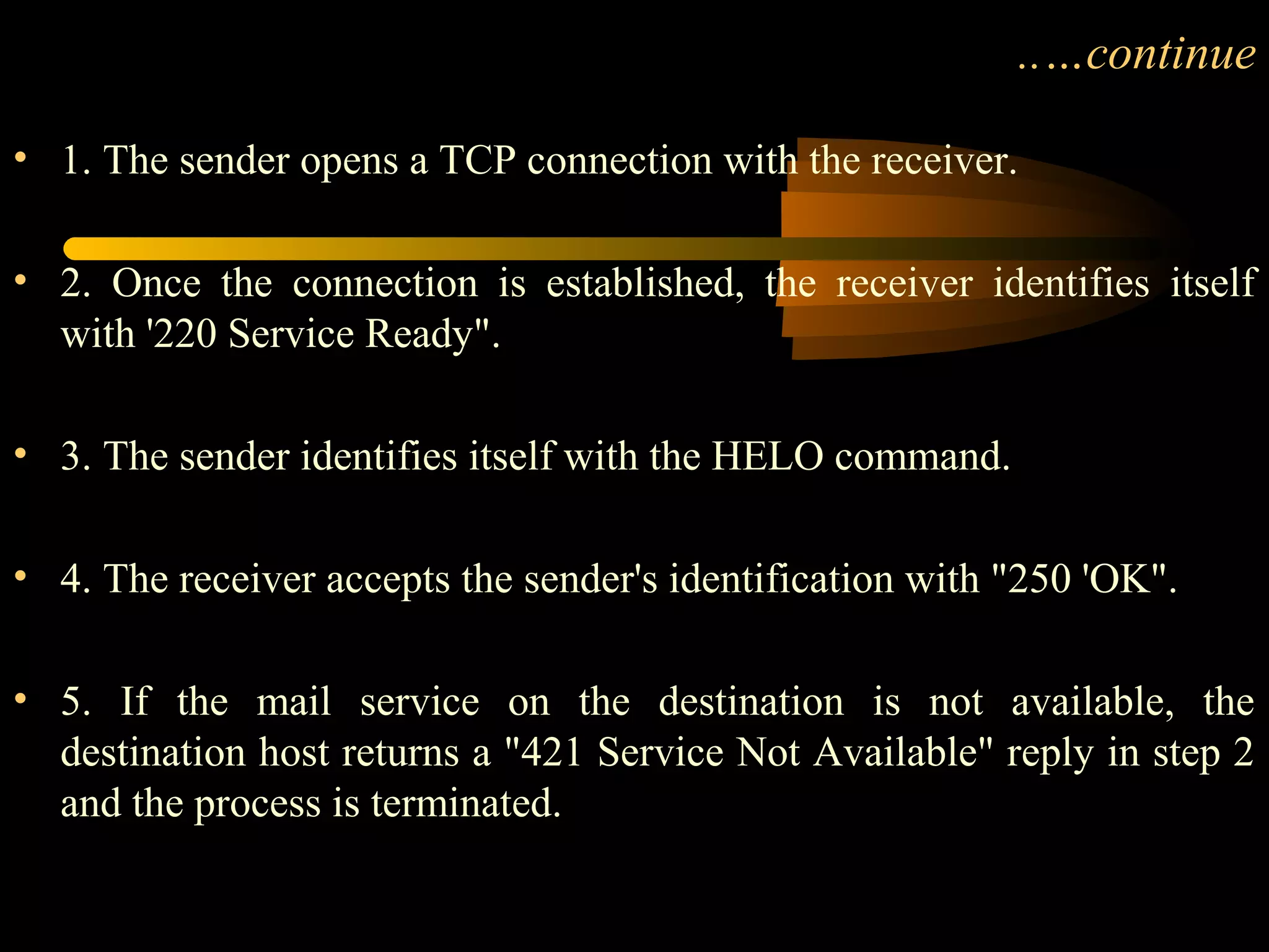 ..…continue
• 1. The sender opens a TCP connection with the receiver.
• 2. Once the connection is established, the receiver identifies itself
with '220 Service Ready".
• 3. The sender identifies itself with the HELO command.
• 4. The receiver accepts the sender's identification with "250 'OK".
• 5. If the mail service on the destination is not available, the
destination host returns a "421 Service Not Available" reply in step 2
and the process is terminated.
 