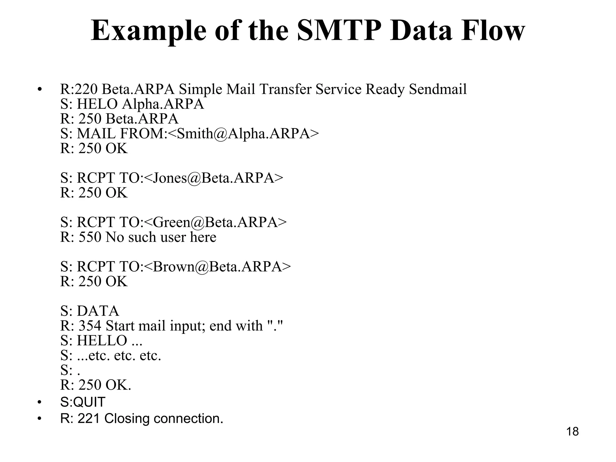 18
Example of the SMTP Data Flow
• R:220 Beta.ARPA Simple Mail Transfer Service Ready Sendmail
S: HELO Alpha.ARPA
R: 250 Beta.ARPA
S: MAIL FROM:<Smith@Alpha.ARPA>
R: 250 OK
S: RCPT TO:<Jones@Beta.ARPA>
R: 250 OK
S: RCPT TO:<Green@Beta.ARPA>
R: 550 No such user here
S: RCPT TO:<Brown@Beta.ARPA>
R: 250 OK
S: DATA
R: 354 Start mail input; end with "."
S: HELLO ...
S: ...etc. etc. etc.
S: .
R: 250 OK.
• S:QUIT
• R: 221 Closing connection.
 