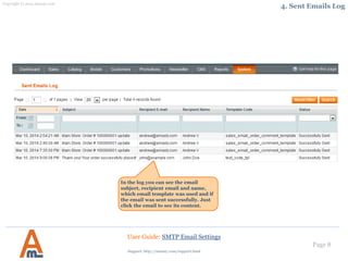 Page 8
In the log you can see the email
subject, recipient email and name,
which email template was used and if
the email was sent successfully. Just
click the email to see its content.
User Guide: SMTP Email Settings
4. Sent Emails Log
Support: http://amasty.com/contacts/
 