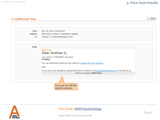 Page 9
You can see all the
email contents.
User Guide: SMTP Email Settings
5. View Sent Emails
Support: http://amasty.com/contacts/
 