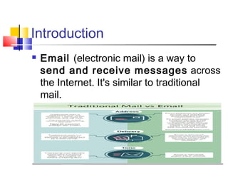 Introduction
 Email (electronic mail) is a way to
send and receive messages across
the Internet. It's similar to traditional
mail.
 