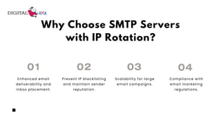 Why Choose SMTP Servers
with IP Rotation?
01 02
Enhanced email
deliverability and
inbox placement.
Prevent IP blacklisting
and maintain sender
reputation.
Scalability for large
email campaigns.
Compliance with
email marketing
regulations.
03 04
 