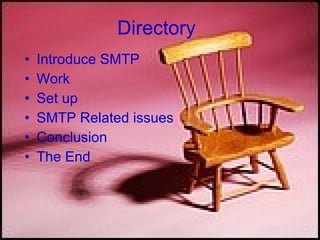 Directory  Introduce SMTP Work  Set up  SMTP Related issues  Conclusion  The End 