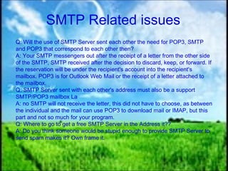 SMTP Related issues   Q: Will the use of SMTP Server sent each other the need for POP3, SMTP and POP3 that correspond to each other then?  A: Your SMTP messengers out after the receipt of a letter from the other side of the SMTP, SMTP received after the decision to discard, keep, or forward. If the reservation will be under the recipient's account into the recipient's mailbox. POP3 is for Outlook Web Mail or the receipt of a letter attached to the mailbox.  Q: SMTP Server sent with each other's address must also be a support SMTP/POP3 mailbox La  A: no SMTP will not receive the letter, this did not have to choose, as between the individual and the mail can use POP3 to download mail or IMAP, but this part and not so much for your program.  Q: Where to go to get a free SMTP Server in the Address it??  A: Do you think someone would be stupid enough to provide SMTP Server to send spam makes it? Own frame it.  