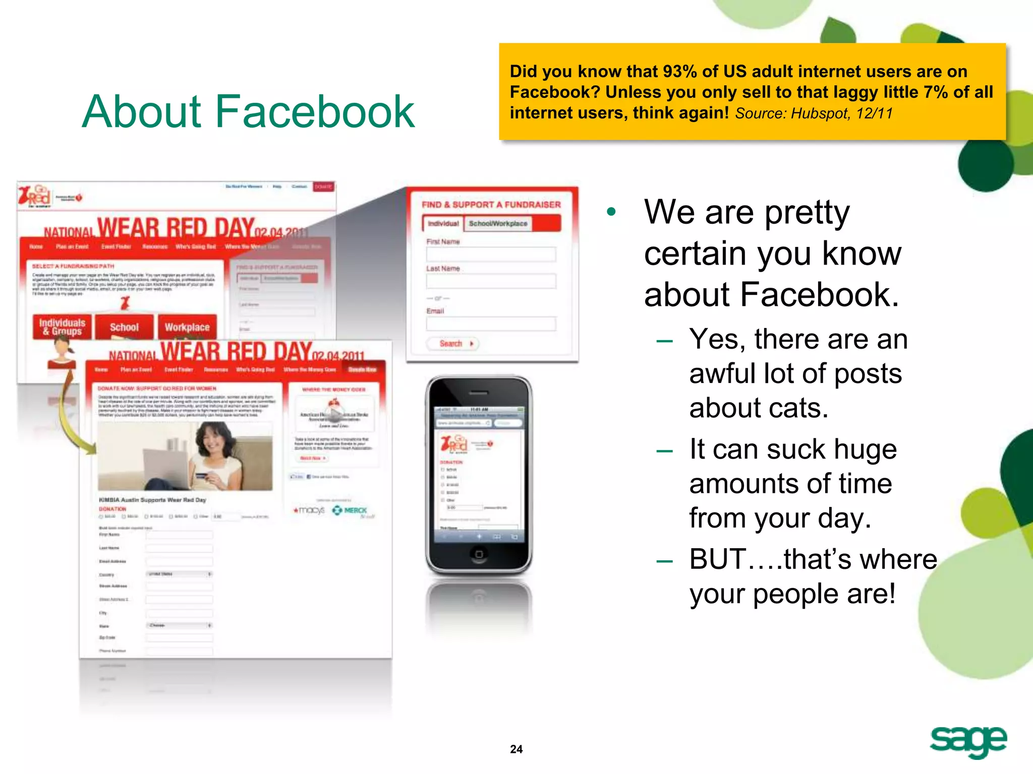 Did you know that 93% of US adult internet users are on
                 Facebook? Unless you only sell to that laggy little 7% of all
About Facebook   internet users, think again! Source: Hubspot, 12/11




                             • We are pretty
                               certain you know
                               about Facebook.
                                   – Yes, there are an
                                     awful lot of posts
                                     about cats.
                                   – It can suck huge
                                     amounts of time
                                     from your day.
                                   – BUT….that’s where
                                     your people are!




                 24
 