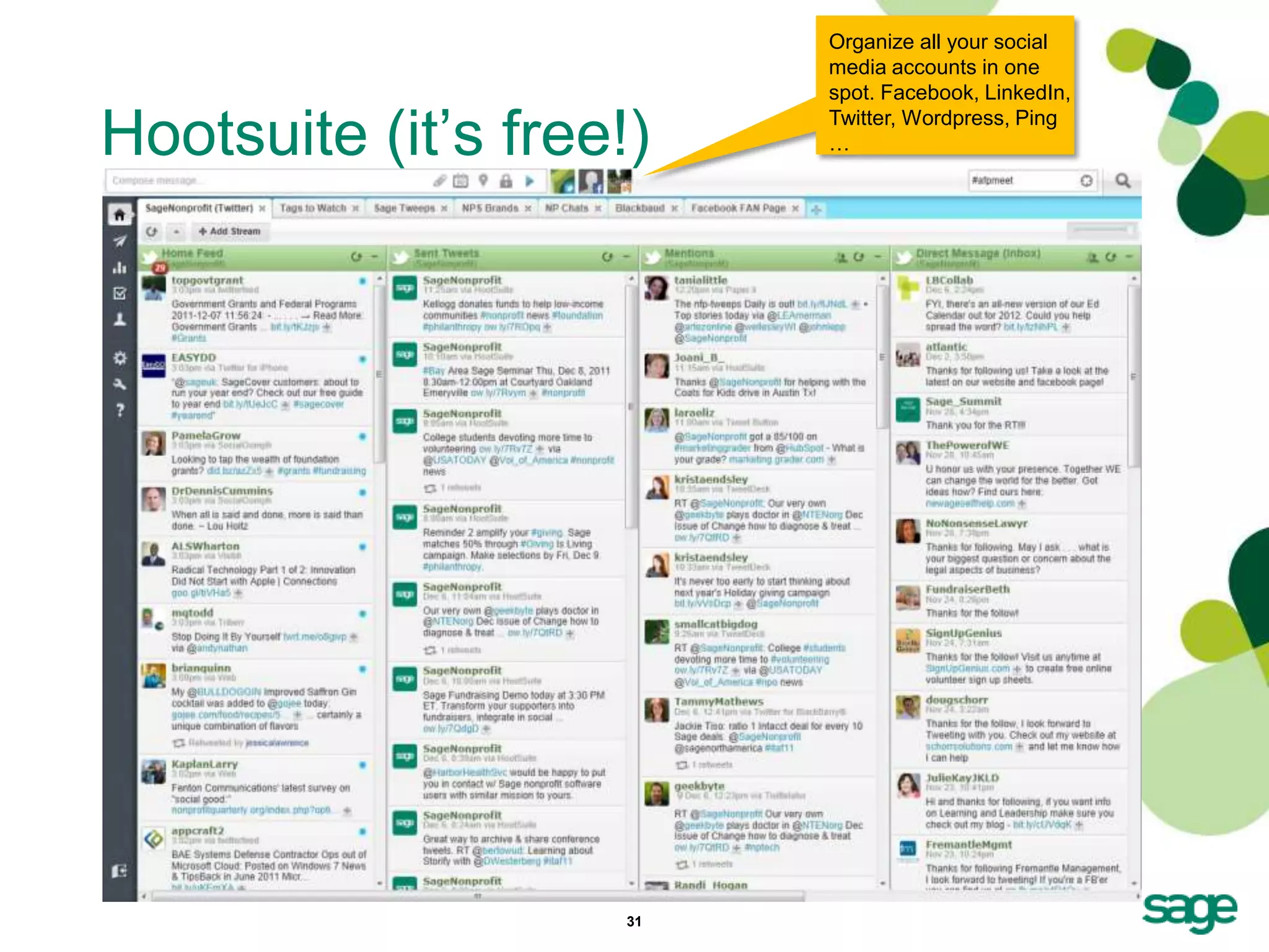 Organize all your social
                          media accounts in one
                          spot. Facebook, LinkedIn,

Hootsuite (it’s free!)    Twitter, Wordpress, Ping
                          …




                     31
 