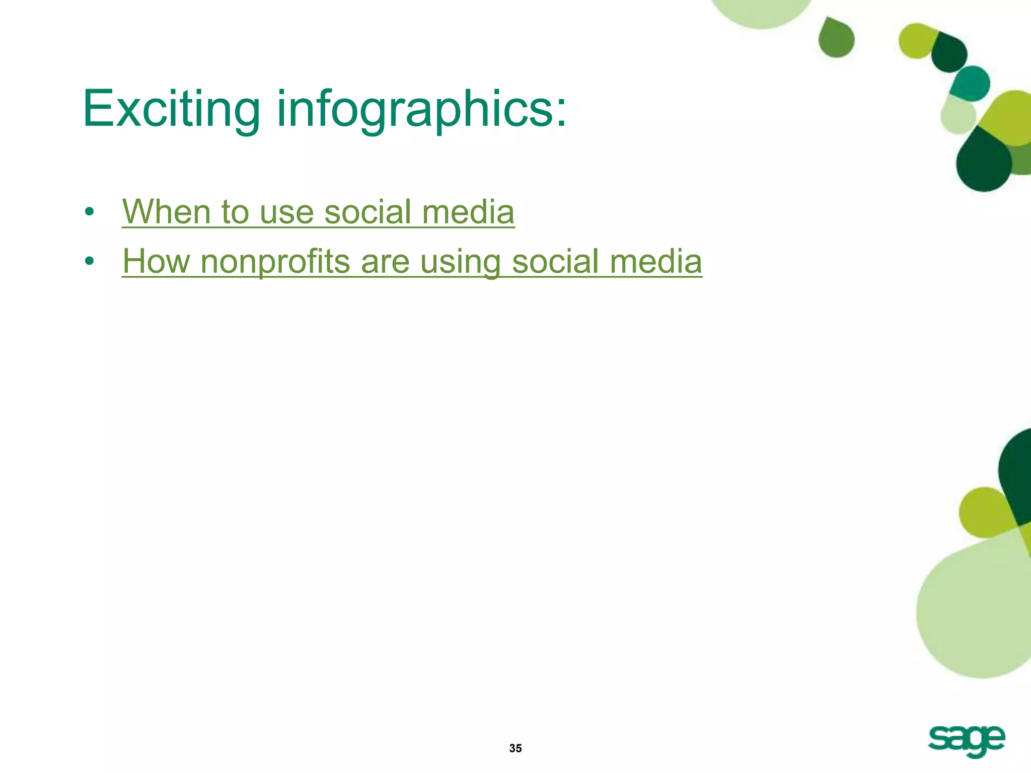 Exciting infographics:
• When to use social media
• How nonprofits are using social media




                          35
 