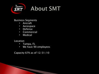 Business Segments Aircraft Aerospace Defense Commercial Medical Location Tampa, FL We have 90 employees Capacity 67% as of 12/31/10 