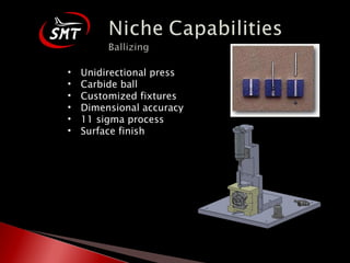 Unidirectional press Carbide ball Customized fixtures Dimensional accuracy 11 sigma process Surface finish 
