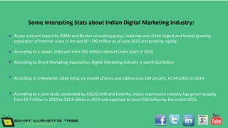 Some Interesting Stats about Indian Digital Marketing Industry:
As per a recent report by IAMAI and Boston consulting group, India has one of the largest and fastest growing
population of Internet users in the world—190 million as of June 2015 and growing rapidly.
According to a report, India will cross 500 million Internet Users Mark in 2020.
According to Direct Marketing Association, Digital Marketing Industry is worth $62 billion
According to e-Marketer, advertising via mobile phones and tablets rose 180 percent, to $4 billion in 2014
According to a joint study conducted by ASSOCHAM and Deloitte, Indian ecommerce industry has grown steadily
from $4.4 billion in 2010 to $13.6 billion in 2014 and expected to touch $16 billion by the end of 2015.
 
