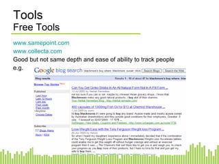 Summary The Assessment Plan Not the Assessment but the Plan AIM: to find the topical aspects of our ecosystem which are important to our business names + customer/company keywords which are relevant to you competitors preparation for search/tools customers/brands/partners/competitors why names and rationale and keywords find conversations around coffee shops etc "Peets" find influencers Name as many people and refer to as many facts as possible Prepare initial thoughts and suggestions 
