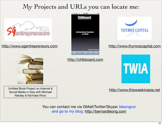 My Projects and URLs you can locate me:




http://www.sgentrepreneurs.com                                    http://www.t...