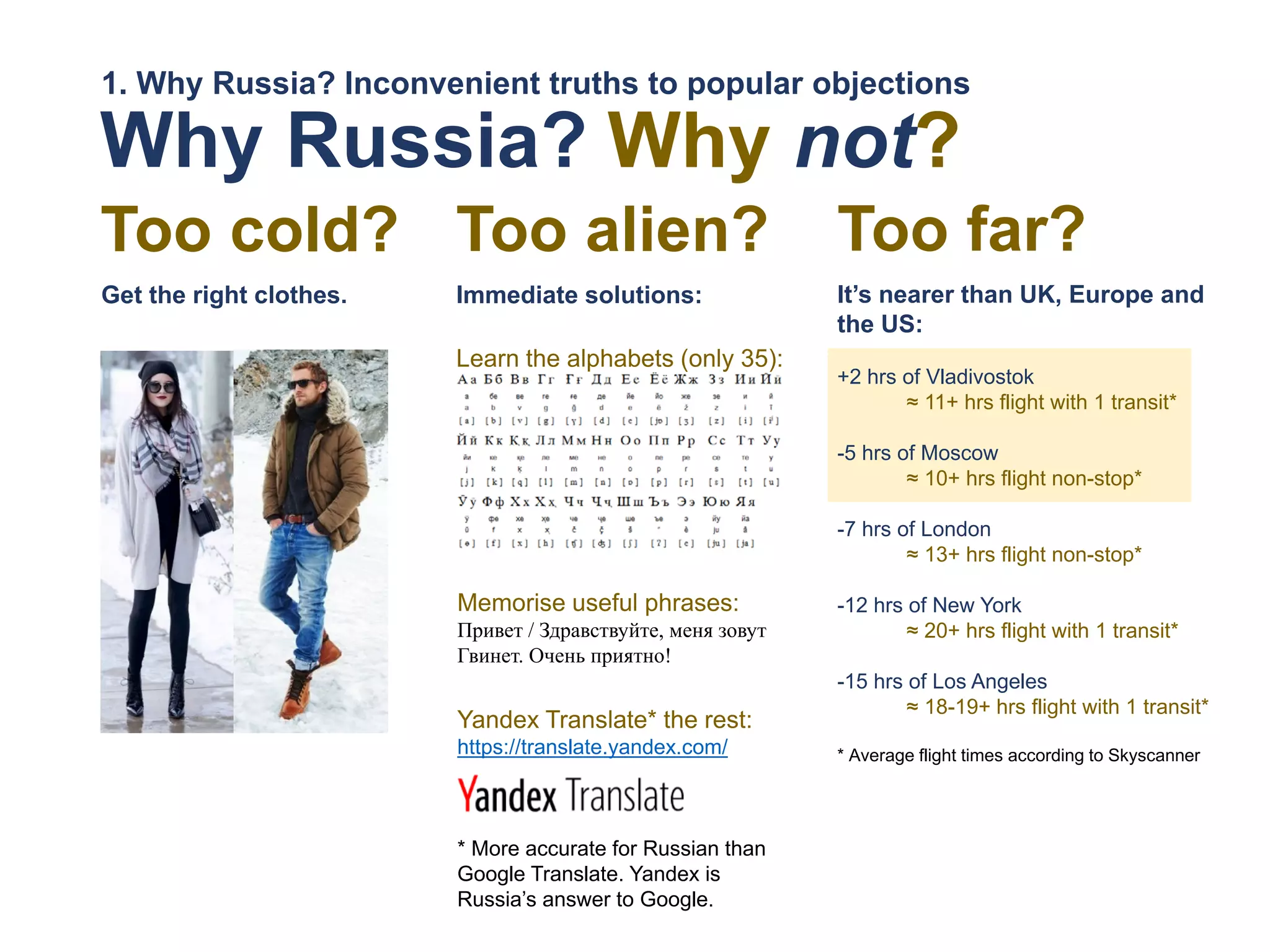 It’s nearer than UK, Europe and
the US:
+2 hrs of Vladivostok
≈ 11+ hrs flight with 1 transit*
-5 hrs of Moscow
≈ 10+ hrs flight non-stop*
-7 hrs of London
≈ 13+ hrs flight non-stop*
-12 hrs of New York
≈ 20+ hrs flight with 1 transit*
-15 hrs of Los Angeles
≈ 18-19+ hrs flight with 1 transit*
* Average flight times according to Skyscanner
Yandex Translate* the rest:
https://translate.yandex.com/
* More accurate for Russian than
Google Translate. Yandex is
Russia’s answer to Google.
Memorise useful phrases:
Привет / Здравствуйте, меня зовут
Гвинет. Очень приятно!
Immediate solutions:
Learn the alphabets (only 35):
Get the right clothes.
Why Russia?
Too cold? Too alien? Too far?
Why not?
1. Why Russia? Inconvenient truths to popular objections
 
