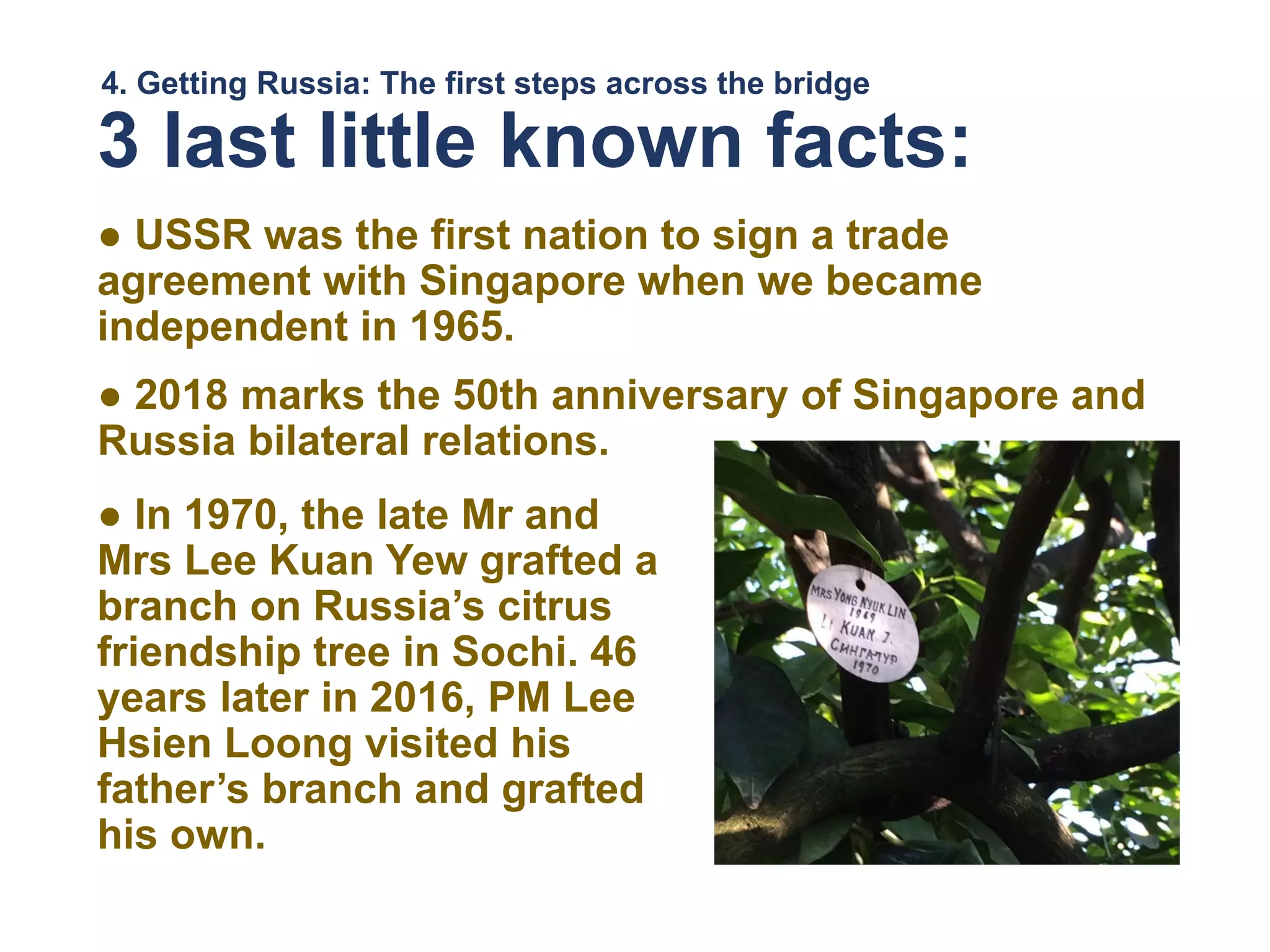 4. Getting Russia: The first steps across the bridge
3 last little known facts:
● USSR was the first nation to sign a trade
agreement with Singapore when we became
independent in 1965.
● In 1970, the late Mr and
Mrs Lee Kuan Yew grafted a
branch on Russia’s citrus
friendship tree in Sochi. 46
years later in 2016, PM Lee
Hsien Loong visited his
father’s branch and grafted
his own.
● 2018 marks the 50th anniversary of Singapore and
Russia bilateral relations.
 