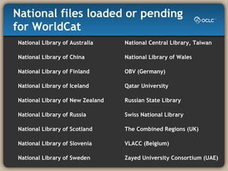National files loaded or pending for WorldCat National Library of Australia National Library of China National Library of Finland National Library of Iceland National Library of New Zealand National Library of Russia National Library of Scotland National Library of Slovenia National Library of Sweden National Central Library, Taiwan National Library of Wales OBV (Germany) Qatar University  Russian State Library Swiss National Library The Combined Regions (UK) VLACC (Belgium) Zayed University Consortium (UAE) 