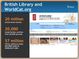 20 million  article-level records 20,000 Inside Serials—articles from 20,000 journals 57 million TOTAL ARTICLE-LEVEL RECORDS NOW IN WORLDCAT.ORG British Library and WorldCat.org 
