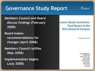 Governance Study Report Members Council and Board discuss findings (February 2008) Board makes recommendations for changes (April 2008) Members Council ratifies (May 2008) Implementation begins (July 2008) 