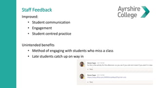 Staff Feedback
Improved:
• Student communication
• Engagement
• Student centred practice
Unintended benefits
• Method of engaging with students who miss a class
• Late students catch up on way in
 