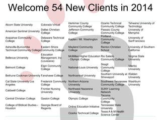 Welcome 54 New Clients in 2014 
Alcorn State University Colorado Virtual 
Herkimer County 
Community College 
Ozarks Technical 
Community College 
Tshwane University of 
Technology 
American Sentinel University 
Dallas Christian 
College 
Jefferson Community 
College 
Passaic County 
Community College 
University of 
Memphis 
Arapahoe Community 
College 
Delaware Technical 
College 
Kaplan / Mt. Washington 
Portland 
Community 
College 
University of 
SanFrancisco 
Asheville-Buncombe 
Technical Community College 
Eastern Shore 
Community College 
Mayland Community 
College 
Renton Christian 
School 
University of Southern 
California 
Bellevue University 
Education 
Management, Inc 
(Louisiana) 
McMillan Higher Education 
- Olympic College 
Rio Salado 
Community College 
Virginia State 
University 
Belmont College 
Elgin Community 
College 
National-Louis University 
Skagit 
Community 
College 
Viterbo 
University 
Bethune Cookman University Fanshawe College Northcentral University 
Southern University at 
Shreveport 
Walden 
University 
Cal State University Los 
Angeles 
Frederick Community 
College 
Northern Arizona 
University 
Southwest Tennessee 
Community College 
Washburn 
University 
Caldwell College 
Frontier Nursing 
University 
Northwest Nazarene 
University 
SUNY Learning 
Network 
Central Christian College Gaston College Olympic College 
Tacoma 
Community 
College 
College of Biblical Studies - 
Houston 
Georgia Board of 
Regents 
Online Education Initiative 
Tennessee State 
University 
Ozarks Technical College 
Texas A & M Health 
Science Center 
 