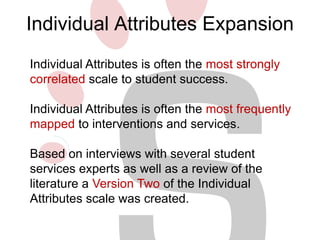Individual Attributes Expansion 
Individual Attributes is often the most strongly 
correlated scale to student success. 
Individual Attributes is often the most frequently 
mapped to interventions and services. 
Based on interviews with several student 
services experts as well as a review of the 
literature a Version Two of the Individual 
Attributes scale was created. 
 