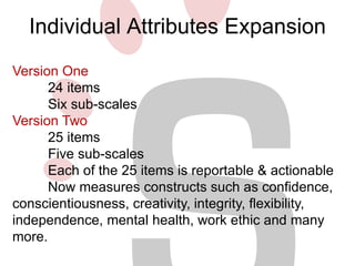 Individual Attributes Expansion 
Version One 
24 items 
Six sub-scales 
Version Two 
25 items 
Five sub-scales 
Each of the 25 items is reportable & actionable 
Now measures constructs such as confidence, 
conscientiousness, creativity, integrity, flexibility, 
independence, mental health, work ethic and many 
more. 
 