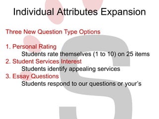 Individual Attributes Expansion 
Three New Question Type Options 
1. Personal Rating 
Students rate themselves (1 to 10) on 25 items 
2. Student Services Interest 
Students identify appealing services 
3. Essay Questions 
Students respond to our questions or your’s 
 