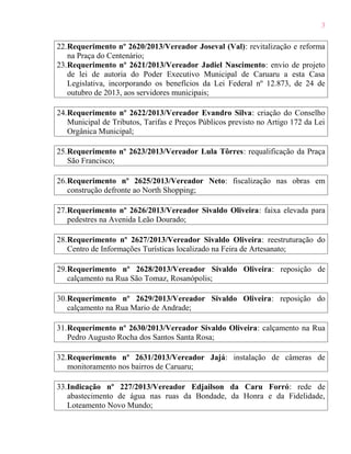 3
22.Requerimento nº 2620/2013/Vereador Joseval (Val): revitalização e reforma
na Praça do Centenário;
23.Requerimento nº 2621/2013/Vereador Jadiel Nascimento: envio de projeto
de lei de autoria do Poder Executivo Municipal de Caruaru a esta Casa
Legislativa, incorporando os benefícios da Lei Federal nº 12.873, de 24 de
outubro de 2013, aos servidores municipais;
24.Requerimento nº 2622/2013/Vereador Evandro Silva: criação do Conselho
Municipal de Tributos, Tarifas e Preços Públicos previsto no Artigo 172 da Lei
Orgânica Municipal;
25.Requerimento nº 2623/2013/Vereador Lula Tôrres: requalificação da Praça
São Francisco;
26.Requerimento nº 2625/2013/Vereador Neto: fiscalização nas obras em
construção defronte ao North Shopping;
27.Requerimento nº 2626/2013/Vereador Sivaldo Oliveira: faixa elevada para
pedestres na Avenida Leão Dourado;
28.Requerimento nº 2627/2013/Vereador Sivaldo Oliveira: reestruturação do
Centro de Informações Turísticas localizado na Feira de Artesanato;
29.Requerimento nº 2628/2013/Vereador Sivaldo Oliveira: reposição de
calçamento na Rua São Tomaz, Rosanópolis;
30.Requerimento nº 2629/2013/Vereador Sivaldo Oliveira: reposição do
calçamento na Rua Mario de Andrade;
31.Requerimento nº 2630/2013/Vereador Sivaldo Oliveira: calçamento na Rua
Pedro Augusto Rocha dos Santos Santa Rosa;
32.Requerimento nº 2631/2013/Vereador Jajá: instalação de câmeras de
monitoramento nos bairros de Caruaru;
33.Indicação nº 227/2013/Vereador Edjailson da Caru Forró: rede de
abastecimento de água nas ruas da Bondade, da Honra e da Fidelidade,
Loteamento Novo Mundo;

 