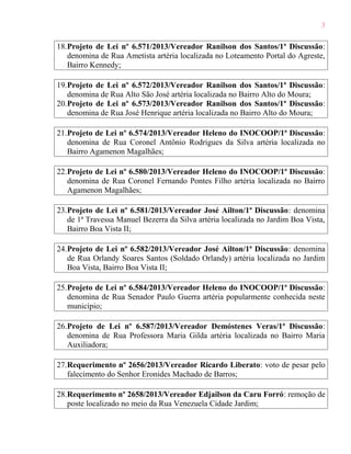 3
18.Projeto de Lei nº 6.571/2013/Vereador Ranilson dos Santos/1ª Discussão:
denomina de Rua Ametista artéria localizada no Loteamento Portal do Agreste,
Bairro Kennedy;
19.Projeto de Lei nº 6.572/2013/Vereador Ranilson dos Santos/1ª Discussão:
denomina de Rua Alto São José artéria localizada no Bairro Alto do Moura;
20.Projeto de Lei nº 6.573/2013/Vereador Ranilson dos Santos/1ª Discussão:
denomina de Rua José Henrique artéria localizada no Bairro Alto do Moura;
21.Projeto de Lei nº 6.574/2013/Vereador Heleno do INOCOOP/1ª Discussão:
denomina de Rua Coronel Antônio Rodrigues da Silva artéria localizada no
Bairro Agamenon Magalhães;
22.Projeto de Lei nº 6.580/2013/Vereador Heleno do INOCOOP/1ª Discussão:
denomina de Rua Coronel Fernando Pontes Filho artéria localizada no Bairro
Agamenon Magalhães;
23.Projeto de Lei nº 6.581/2013/Vereador José Ailton/1ª Discussão: denomina
de 1ª Travessa Manuel Bezerra da Silva artéria localizada no Jardim Boa Vista,
Bairro Boa Vista II;
24.Projeto de Lei nº 6.582/2013/Vereador José Ailton/1ª Discussão: denomina
de Rua Orlandy Soares Santos (Soldado Orlandy) artéria localizada no Jardim
Boa Vista, Bairro Boa Vista II;
25.Projeto de Lei nº 6.584/2013/Vereador Heleno do INOCOOP/1ª Discussão:
denomina de Rua Senador Paulo Guerra artéria popularmente conhecida neste
município;
26.Projeto de Lei nº 6.587/2013/Vereador Demóstenes Veras/1ª Discussão:
denomina de Rua Professora Maria Gilda artéria localizada no Bairro Maria
Auxiliadora;
27.Requerimento nº 2656/2013/Vereador Ricardo Liberato: voto de pesar pelo
falecimento do Senhor Eronides Machado de Barros;
28.Requerimento nº 2658/2013/Vereador Edjailson da Caru Forró: remoção de
poste localizado no meio da Rua Venezuela Cidade Jardim;

 