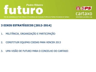 3 EIXOS ESTRATÉGICOS [2012-2014]


1.   MILITÂNCIA, ORGANIZAÇÃO E PARTICIPAÇÃO


2.   CONSTITUIR EQUIPAS COESAS PARA VENCER 2013


3.   UMA VISÃO DE FUTURO PARA O CONCELHO DO CARTAXO
 