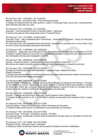 2
OAB 2011.3 SEGUNDA FASE
DIREITO TRIBUTÁRIO
JOSIANE MINARD
STJ Súmula nº 251 - 13/06/2001 - DJ 13.08.2001
Meação - Ato Ilícito - Execução Fiscal - Prova de Enriquecimento
A meação só responde pelo ato ilícito quando o credor, na execução fiscal, provar que o enriquecimento
dele resultante aproveitou ao casal.
STJ Súmula nº 279 - 21/05/2003 - DJ 16.06.2003
Execução - Título Extrajudicial Contra a Fazenda Pública - Cabimento
É cabível execução por título extrajudicial contra a Fazenda Pública.
STJ Súmula nº 314 - 12/12/2005 - DJ 08.02.2006
Execução Fiscal - Não Localizados Bens Penhoráveis - Suspensão do Processo - Prazo da Prescrição
Qüinqüenal Intercorrente
Em execução fiscal, não localizados bens penhoráveis, suspende-se o processo por um ano, findo o qual
se inicia o prazo da prescrição qüinqüenal intercorrente.
STJ Súmula nº 349 - 11/06/2008 - DJe 19/06/2008
Competência - Julgamento das Execuções Fiscais de Contribuições Devidas pelo Empregador ao FGTS
Compete à Justiça Federal ou aos juízes com competência delegada o julgamento das execuções fiscais
de contribuições devidas pelo empregador ao FGTS.
STJ Súmula nº 386 - 26/08/2009 - DJe 01/09/2009
Isenção - Imposto de Renda - Indenizações de Férias Proporcionais e Adicional
São isentas de imposto de renda as indenizações de férias proporcionais e o respectivo adicional.
STJ Súmula nº 393 - 23/09/2009 - DJe 07/10/2009
Exceção de Pré-Executividade - Admissibilidade - Execução Fiscal - Matérias de Ofício -
Dilação Probatória
A exceção de pré-executividade é admissível na execução fiscal relativamente às matérias conhecíveis de
ofício que não demandem dilação probatória.
STJ Súmula nº 392 - 23/09/2009 - DJe 07/10/2009
Fazenda Pública - Substituição - Certidão de Dívida Ativa - Prolação da Sentença de Embargos - Correção
de Erro Material ou Formal - Modificação do Sujeito Passivo A Fazenda Pública pode substituir a certidão
de dívida ativa (CDA) até a prolação da sentença de embargos, quando se tratar de correção de erro
material ou formal, vedada a modificação do sujeito passivo da execução.
STJ Súmula nº 400 - 23/09/2009 - DJe 07/10/2009
Encargo - Cobrança da Dívida Ativa - Execução Fiscal Proposta Contra a Massa Falida
O encargo de 20% previsto no DL n. 1.025/1969 é exigível na execução fiscal proposta contra a massa
falida.
STJ Súmula nº 406 - 28/10/2009 - DJe 24/11/2009
Fazenda Pública - Recusa da Substituição do Bem Penhorado por Precatório
A Fazenda Pública pode recusar a substituição do bem penhorado por precatório.
STJ Súmula nº 409 - 28/10/2009 - DJe 24/11/2009
Execução Fiscal - Prescrição - Propositura da Ação - De Ofício
Em execução fiscal, a prescrição ocorrida antes da propositura da ação pode ser decretada de ofício (art.
219, § 5º, do CPC).
STJ Súmula nº 414 - 25/11/2009 - DJe 16/12/2009
Citação por Edital - Execução Fiscal - Cabimento
A citação por edital na execução fiscal é cabível quando frustradas as demais modalidades.
 