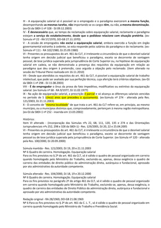 III - A equiparação salarial só é possível se o empregado e o paradigma exercerem a mesma função,
desempenhando as mesmas tarefas, não importando se os cargos têm, ou não, a mesma denominação.
(ex-OJ da SBDI-1 nº 328 - DJ 09.12.2003)
IV - É desnecessário que, ao tempo da reclamação sobre equiparação salarial, reclamante e paradigma
estejam a serviço do estabelecimento, desde que o pedidose relacione com situação pretérita. (ex-
Súmula nº 22 - RA 57/1970, DO-GB 27.11.1970)
V - A cessão de empregados não exclui a equiparação salarial, embora exercida a função em órgão
governamental estranho à cedente, se esta responde pelos salários do paradigma e do reclamante. (ex-
Súmula nº 111 - RA 102/1980, DJ 25.09.1980)
VI - Presentes os pressupostos do art. 461 da CLT, é irrelevante a circunstância de que o desnível salarial
tenha origem em decisão judicial que beneficiou o paradigma, exceto se decorrente de vantagem
pessoal, de tese jurídica superada pela jurisprudência de Corte Superior ou, na hipótese de equiparação
salarial em cadeia, se não demonstrada a presença dos requisitos da equiparação em relação ao
paradigma que deu origem à pretensão, caso arguida a objeção pelo reclamado. (item alterado na
sessão do Tribunal Pleno realizada em 16.11.2010)
VII - Desde que atendidos os requisitos do art. 461 da CLT, é possível a equiparação salarial de trabalho
intelectual, que pode ser avaliado por sua perfeição técnica, cuja aferição terá critérios objetivos. (ex-OJ
da SBDI-1 nº 298 - DJ 11.08.2003)
VIII - É do empregador o ônus da prova do fato impeditivo, modificativo ou extintivo da equiparação
salarial. (ex-Súmula nº 68 - RA 9/1977, DJ 11.02.1977)
IX - Na ação de equiparação salarial, a prescrição é parcial e só alcança as diferenças salariais vencidas
no período de 5 (cinco) anos que precedeu o ajuizamento. (ex-Súmula nº 274 - alterada pela Res.
121/2003, DJ 21.11.2003)
X - O conceito de "mesma localidade" de que trata o art. 461 da CLT refere-se, em princípio, ao mesmo
município, ou a municípios distintos que, comprovadamente, pertençam à mesma região metropolitana.
(ex-OJ da SBDI-1 nº 252 - inserida em 13.03.2002)

Histórico:
Item VI alterado - (incorporação das Súmulas nºs 22, 68, 111, 120, 135 e 274 e das Orientações
Jurisprudenciais nºs 252, 298 e 328 da SBDI-1) - Res. 129/2005, DJ 20, 22 e 25.04.2005
VI - Presentes os pressupostos do art. 461 da CLT, é irrelevante a circunstância de que o desnível salarial
tenha origem em decisão judicial que beneficiou o paradigma, exceto se decorrente de vantagem
pessoal ou de tese jurídica superada pela jurisprudência de Corte Superior. (ex-Súmula nº 120 - alterada
pela Res. 100/2000, DJ 20.09.2000)

Súmula mantida - Res. 121/2003, DJ 19, 20 e 21.11.2003
Nº 6 Quadro de carreira. Homologação. Equiparação salarial
Para os fins previstos no § 2º do art. 461 da CLT, só é válido o quadro de pessoal organizado em carreira
quando homologado pelo Ministério do Trabalho, excluindo-se, apenas, dessa exigência o quadro de
carreira das entidades de direito público da administração direta, autárquica e fundacional, aprovado
por ato administrativo da autoridade competente.

Súmula alterada - Res. 104/2000, DJ 18, 19 e 20.12.2000
Nº 6 Quadro de carreira. Homologação. Equiparação salarial
Para os fins previstos no parágrafo 2º do artigo 461 da CLT, só é válido o quadro de pessoal organizado
em carreira quando homologado pelo Ministério do Trabalho, excluindo-se, apenas, dessa exigência, o
quadro de carreira das entidades de Direito Público da administração direta, autárquica e fundacional e
aprovado por ato administrativo da autoridade competente.

Redação original - RA 28/1969, DO-GB 21.08.1969
Nº 6 Para os fins previstos no § 2º do art. 461 da C. L. T., só é válido o quadro de pessoal organizado em
carreira quando homologado pelo Ministério do Trabalho e Previdência Social.
 