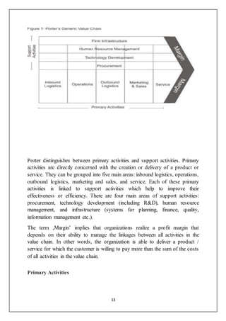 13
Porter distinguishes between primary activities and support activities. Primary
activities are directly concerned with the creation or delivery of a product or
service. They can be grouped into five main areas: inbound logistics, operations,
outbound logistics, marketing and sales, and service. Each of these primary
activities is linked to support activities which help to improve their
effectiveness or efficiency. There are four main areas of support activities:
procurement, technology development (including R&D), human resource
management, and infrastructure (systems for planning, finance, quality,
information management etc.).
The term ‚Margin’ implies that organizations realize a profit margin that
depends on their ability to manage the linkages between all activities in the
value chain. In other words, the organization is able to deliver a product /
service for which the customer is willing to pay more than the sum of the costs
of all activities in the value chain.
Primary Activities
 