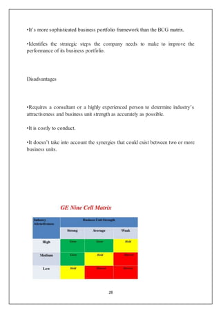 28
•It’s more sophisticated business portfolio framework than the BCG matrix.
•Identifies the strategic steps the company needs to make to improve the
performance of its business portfolio.
Disadvantages
•Requires a consultant or a highly experienced person to determine industry’s
attractiveness and business unit strength as accurately as possible.
•It is costly to conduct.
•It doesn’t take into account the synergies that could exist between two or more
business units.
 