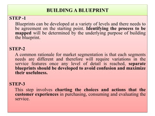 BUILDING A BLUEPRINT
STEP -1
Blueprints can be developed at a variety of levels and there needs to
be agreement on the starting point. Identifying the process to be
mapped will be determined by the underlying purpose of building
the blueprint.
STEP-2
A common rationale for market segmentation is that each segments
needs are different and therefore will require variations in the
service features once any level of detail is reached, separate
blueprints should be developed to avoid confusion and maximize
their usefulness.
STEP-3
This step involves charting the choices and actions that the
customer experiences in purchasing, consuming and evaluating the
service.
 