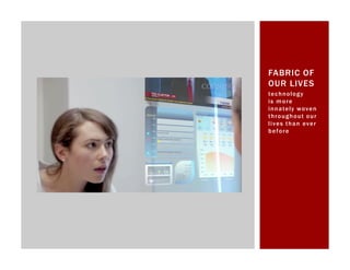 FABRIC OF
OUR LIVES
te c h n o l o g y
is more
i n n a te l y w o v e n
throughout our
l i v e s t h a n ev e r
before
 