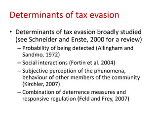 Determinants of tax evasion 
• Determinants of tax evasion broadly studied 
(see Schneider and Enste, 2000 for a review) 
– Probability of being detected (Allingham and 
Sandmo, 1972) 
– Social interactions (Fortin et al. 2004) 
– Subjective perception of the phenomena, 
behaviour of other members of the community 
(Kirchler, 2007) 
– Combination of deterrence measures and 
responsive regulation (Feld and Frey, 2007) 
 