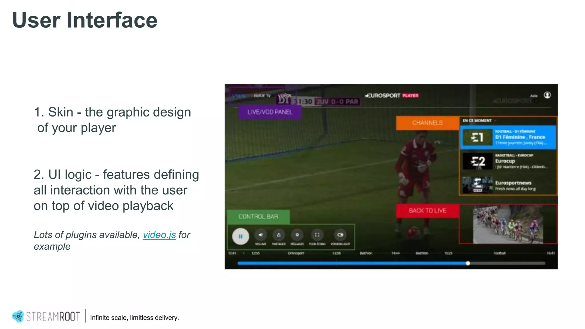 Infinite scale, limitless delivery.
1. Skin - the graphic design
of your player
2. UI logic - features defining
all interaction with the user
on top of video playback
Lots of plugins available, video.js for
example
User Interface
 