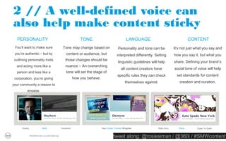 1A // A brief pause to dissect “stock” &
“flow”
                     (Typically) Flow                                       (Typically) Stock




     Micro                               Base                 Hero                   Superhero


 Tweets                          Blog Posts             Slideshare Presentation     Event
 Status Updates                  Newsletter             Podcast                     Film
                                 Sound Bite             Short Film/Edited Video     Webinar
                                 Altered Image/Meme     Magazine                    Whitepaper
                                 Quiz                   Lecture                     E-Book

                                 Poll/Survey            Infographic                 Transmedia/ARG
                                                                                    Experience
                                 Video Clip             Widget
                                                                                    App
                                 Lists



    PROPRIETARY & CONFIDENTIAL
                                                      tweet along: @rosiesiman / @360i / #SMWcontent
                                                                                                   25
 