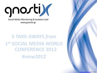 Social Media Monitoring & Analytics tool
             www.gnostix.gr




    5 TAKE-AWAYS from
1st SOCIAL MEDIA WORLD
     CONFERENCE 2012
        #smw2012

                                            www.gnostix.gr © 2012
 