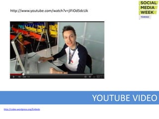 http://www.youtube.com/watch?v=jlFiOd5dcUk




                                                  YOUTUBE VIDEO
http://codex.wordpress.org/Embeds
 