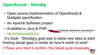 OpenSocial – Shindig

     • Open source implementation of OpenSocial &
       Gadgets specification
     • An Apache Software project
     • Available in Java & PHP
     • http://shindig.apache.org
  It’s Goal: “Shindig's goal was to allow new sites to start
hosting social apps in under an hour's worth of work“
• Those who tried it confirm, this failed quite miserably
                                                           25

25
 